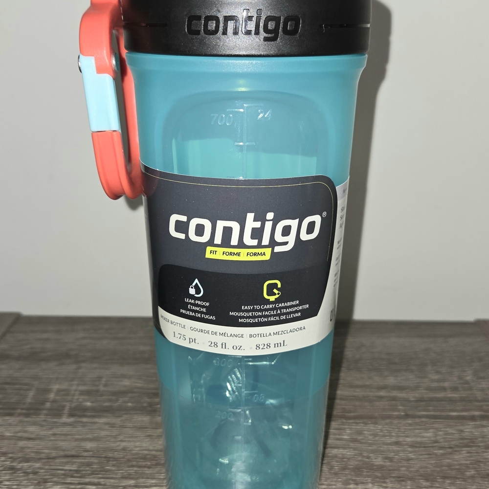 Contigo Teal Shake & Go Fit Mixer Bottle 28 Fl oz. (828ml) Carabiner Handle New. - Picture 2 of 11